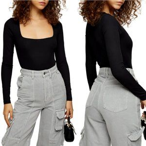 TOPSHOP Square Neck Long Sleeve Ribbed Black Bodysuit